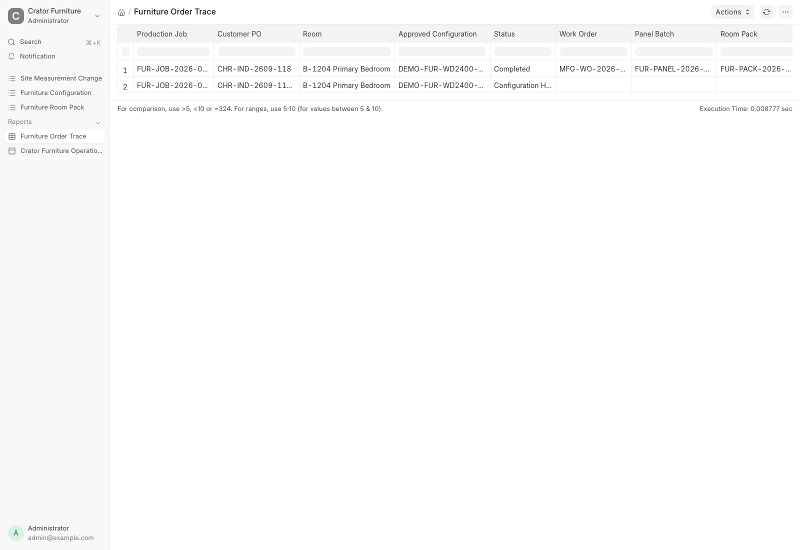 Furniture Order Trace report in ERPNext comparing the completed configured wardrobe with the site-measurement hold