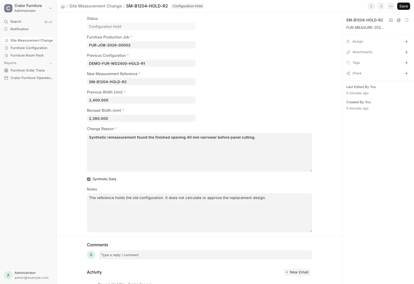 Site Measurement Change in ERPNext showing a 2400 mm to 2360 mm revision and Configuration Hold before production