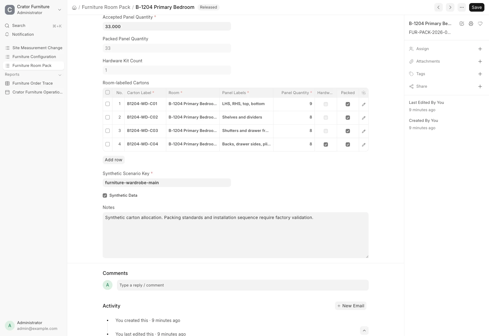 Furniture Room Pack in ERPNext showing four room-labelled cartons, accepted panel reconciliation and one hardware kit