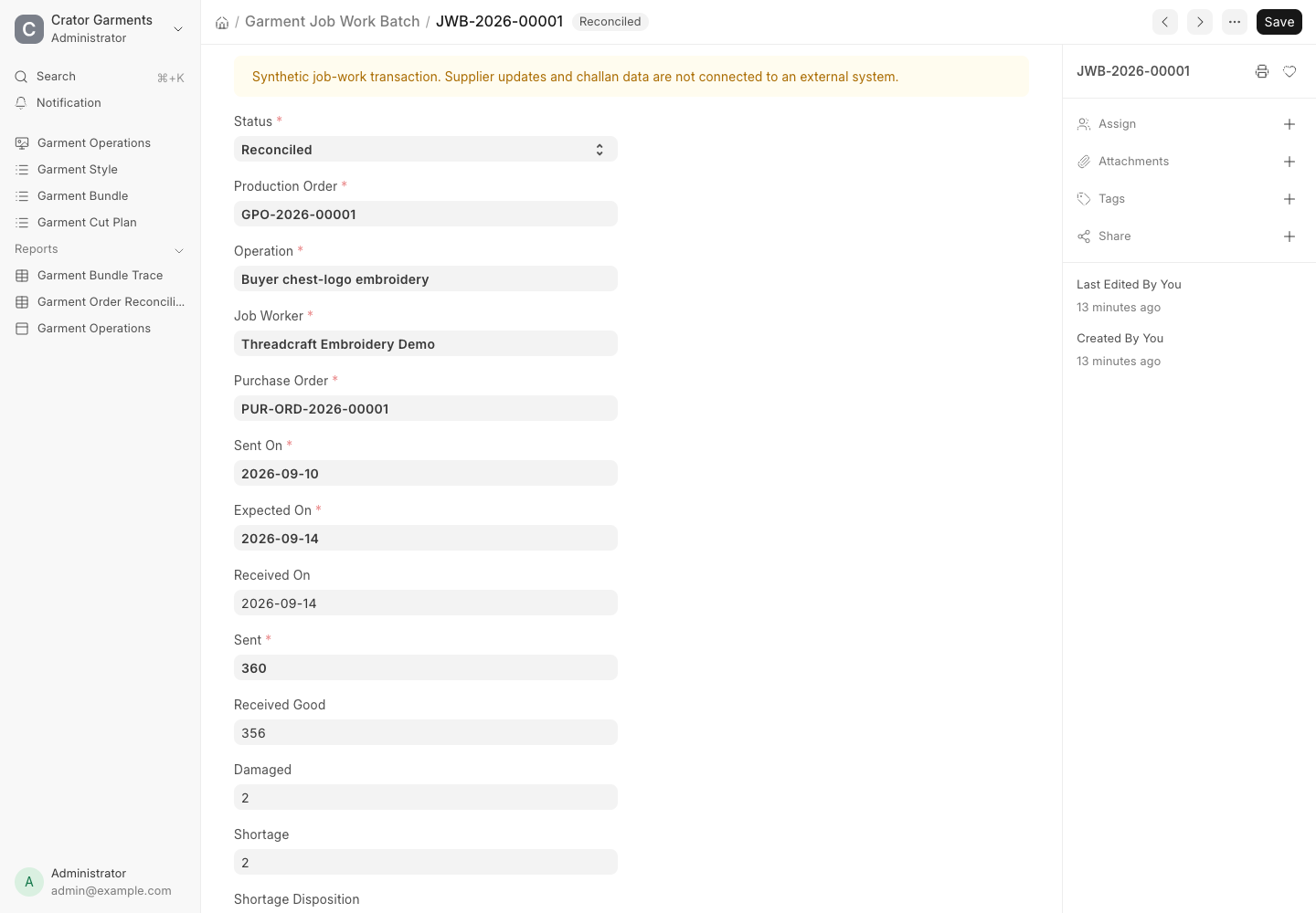 Garment Job Work Batch in ERPNext showing embroidery supplier, purchase order and quantity reconciliation