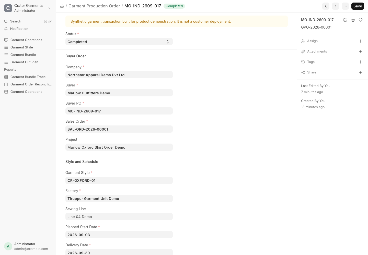 Garment Production Order in ERPNext showing Navy and Ecru shirt quantities across sizes S, M and L