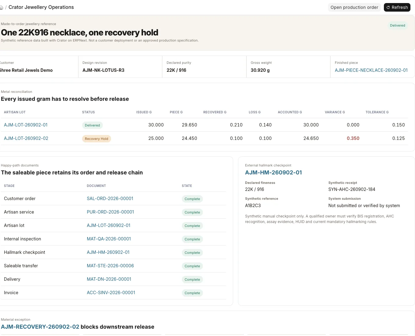 Jewellery operations screen showing a complete 30 gram metal reconciliation and a second artisan lot on recovery hold