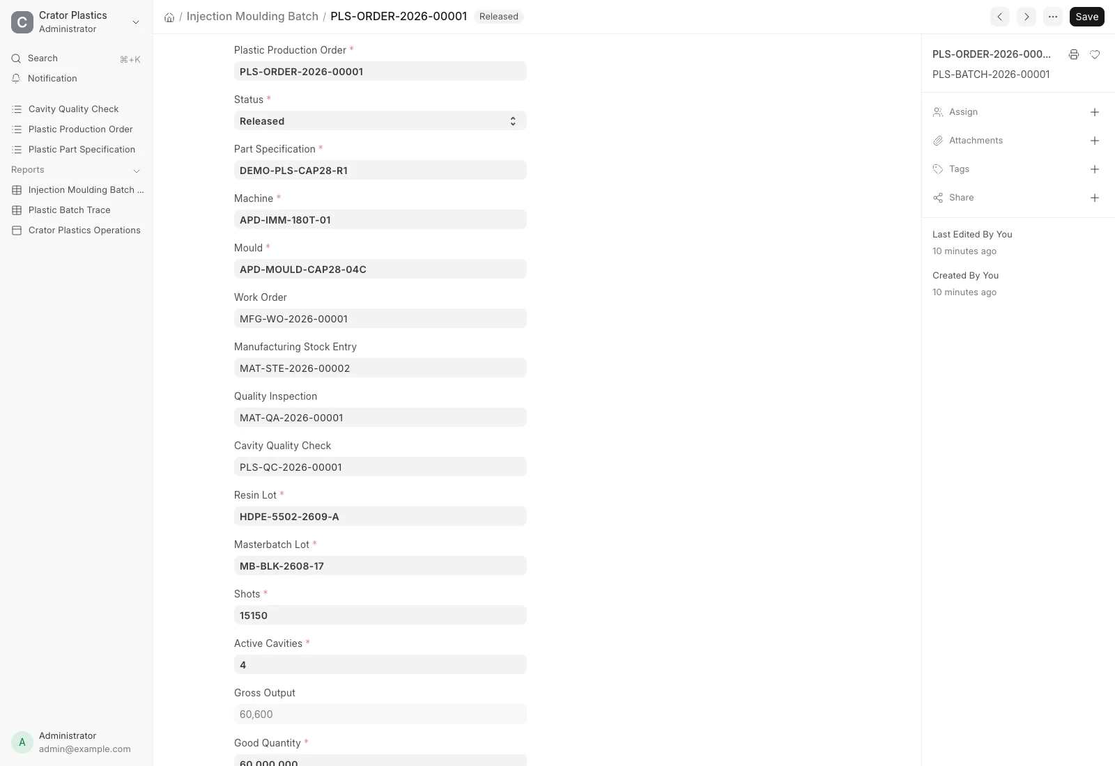 Released Injection Moulding Batch in ERPNext showing the production order, part revision, mould, machine, Work Order, Stock Entry and resin lot