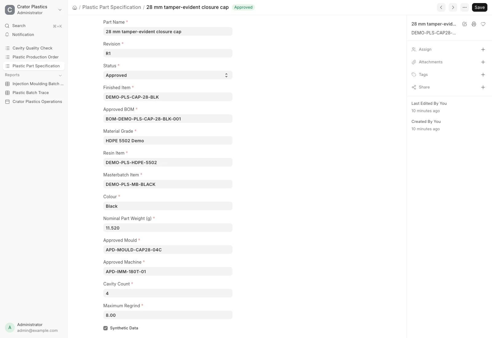 Plastic Part Specification in ERPNext showing revision R1, finished item, approved BOM, resin, masterbatch, mould, machine and cavity count