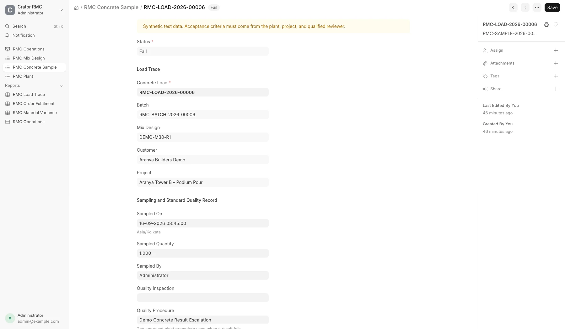 Failed RMC concrete sample in ERPNext linked to load RMC-LOAD-2026-00006