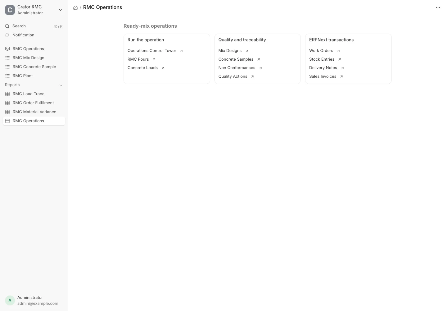 Crator RMC workspace in ERPNext showing operations, quality, traceability and accounting links