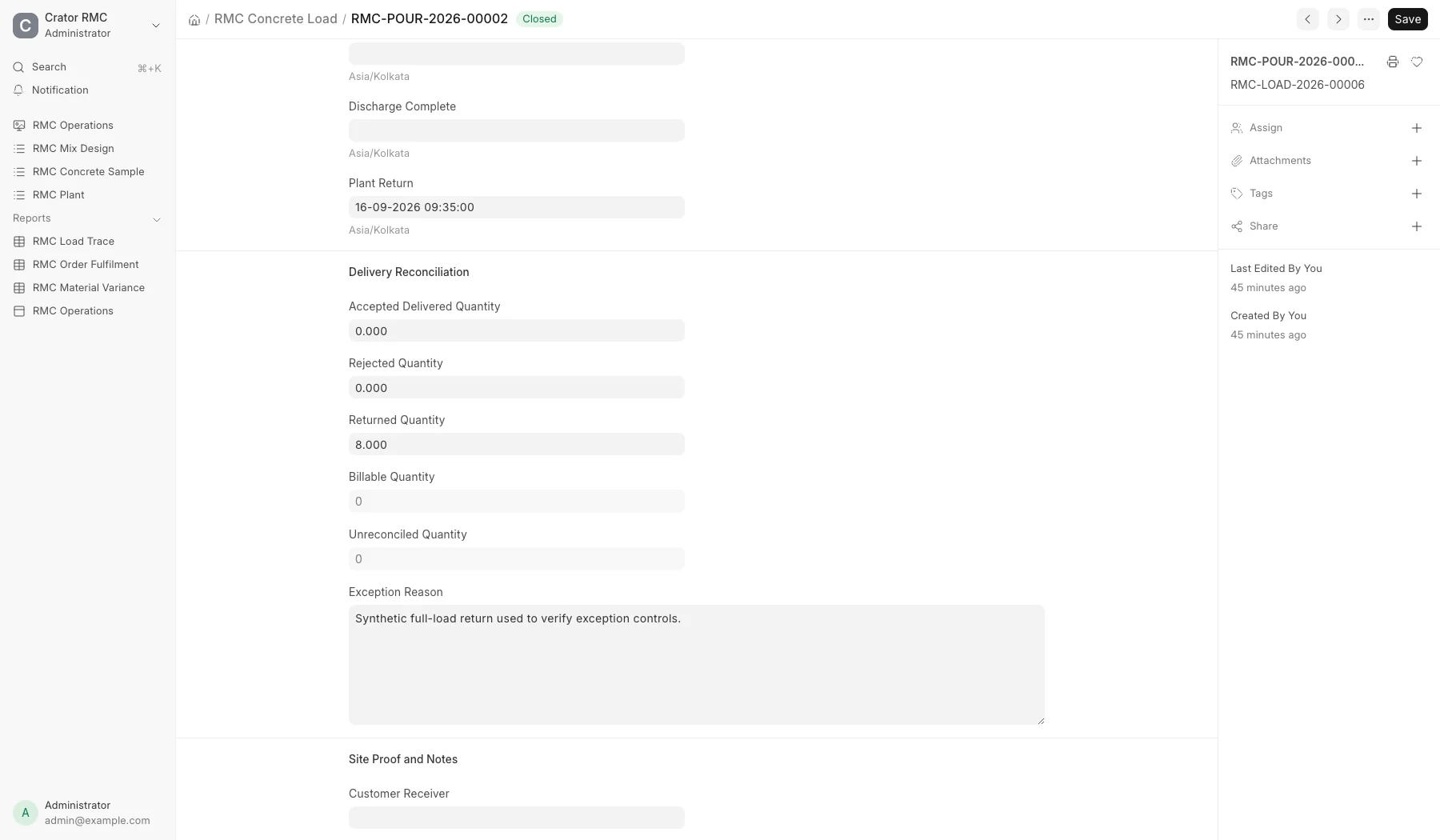 Returned concrete reconciliation in ERPNext showing 8 cubic metres returned and zero billable quantity