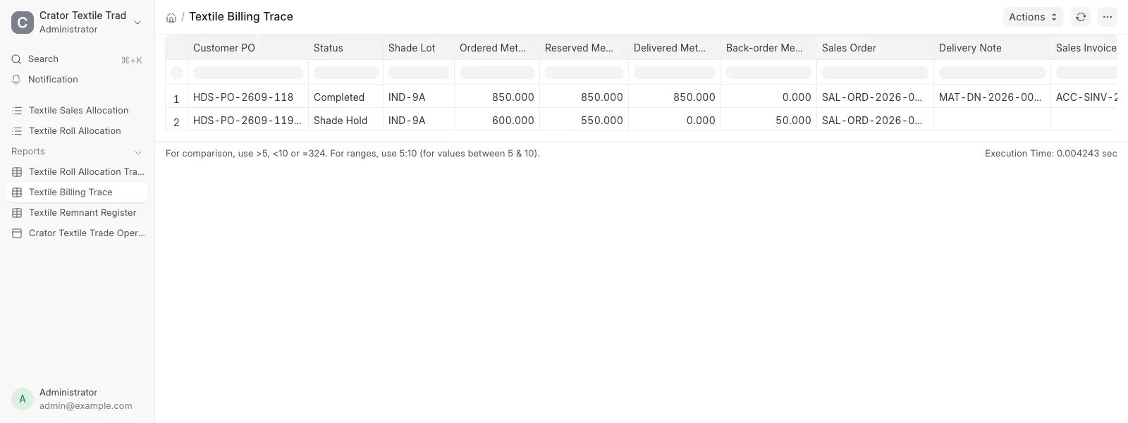 Textile Billing Trace report in ERPNext comparing a completed 850 metre order with a 600 metre shade hold and 50 metre back-order