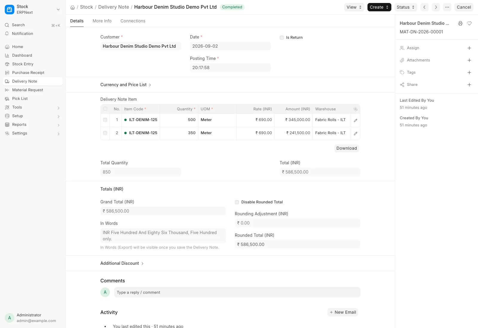 Submitted ERPNext Delivery Note with two denim lines of 500 and 350 metres and a total invoiceable value of 586500 rupees