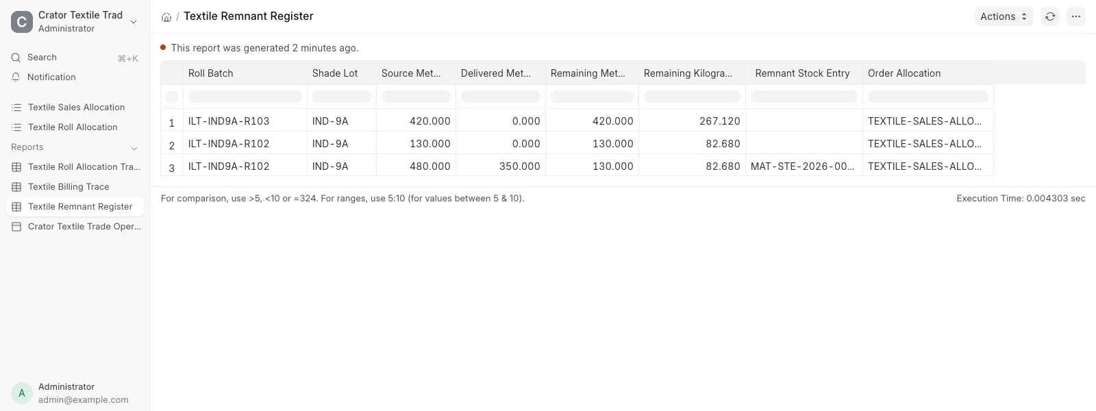 Textile Remnant Register in ERPNext listing roll batch, shade, source metres, delivered metres, remaining metres and kilograms, and remnant Stock Entry