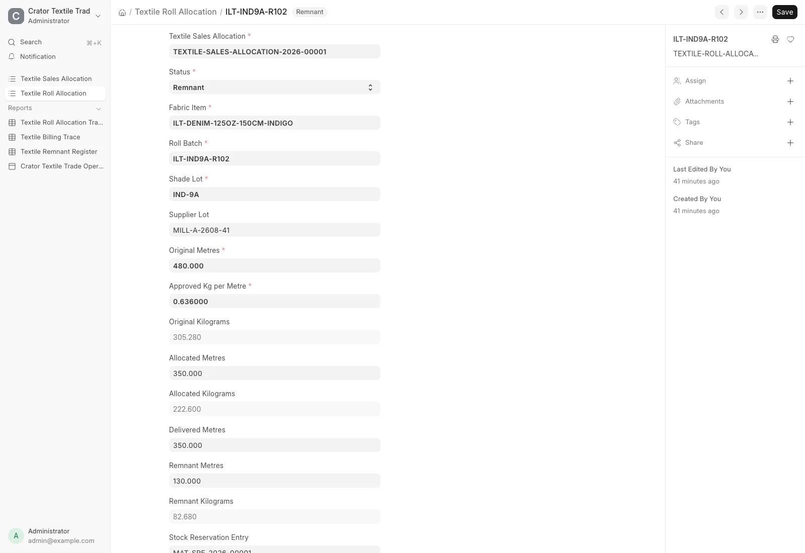 Textile Roll Allocation in ERPNext showing roll batch ILT-IND9A-R102, shade IND-9A, 480 source metres, 350 delivered metres and a 130 metre remnant